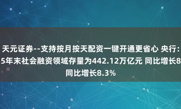 天元证券--支持按月按天配资一键开通更省心 央行：2025年末社会融资领域存量为442.12万亿元 同比增长8.3%