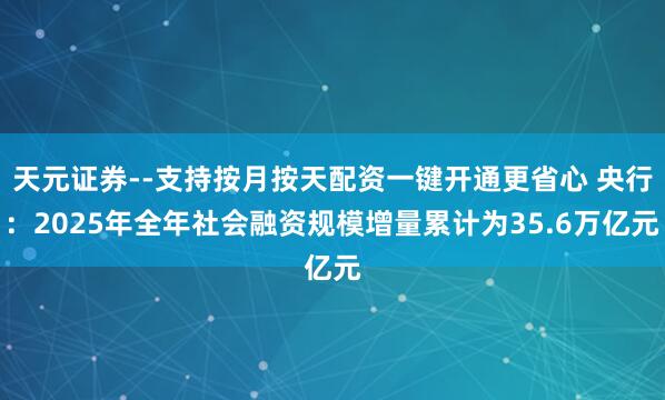 天元证券--支持按月按天配资一键开通更省心 央行：2025年全年社会融资规模增量累计为35.6万亿元